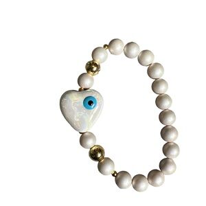 Shell stone stretch bracelet with enamel heart with Evil eye